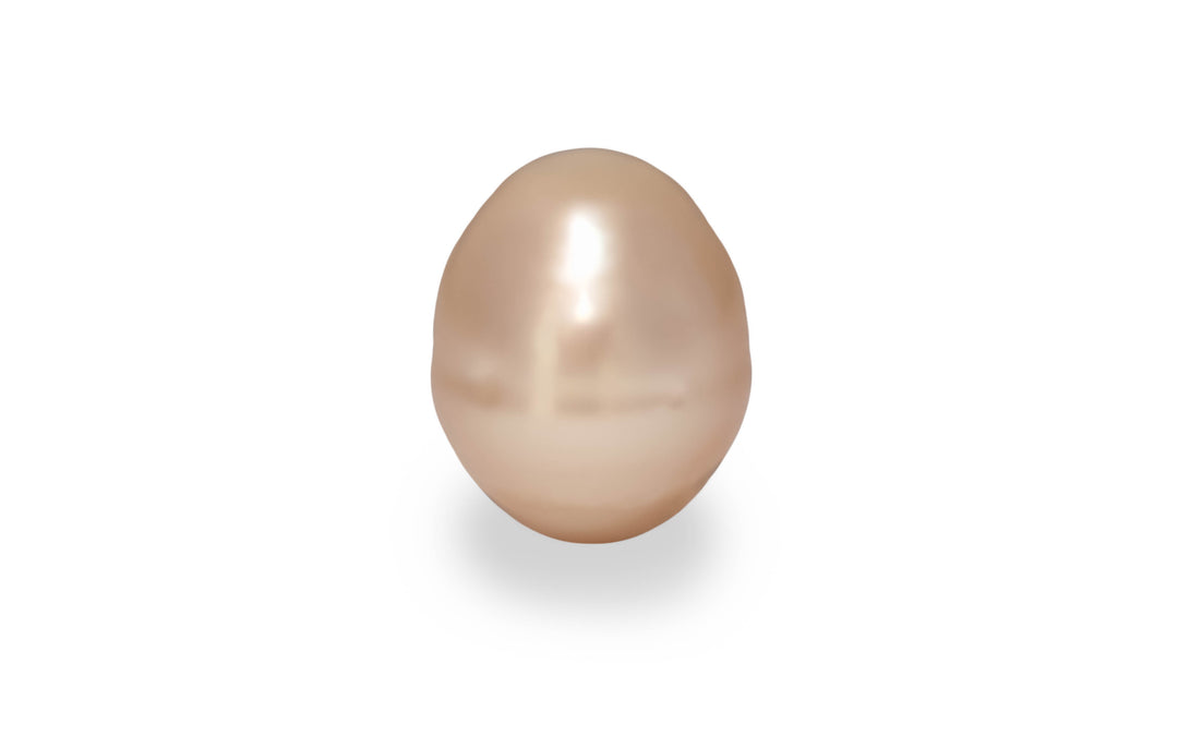 A baroque shape light gold South sea pearl is displayed on a white background.