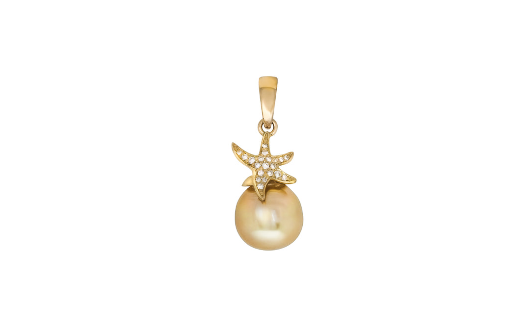 A high button golden South Sea pearl diamond starfish 18k yellow gold pendant is displayed on a white background.