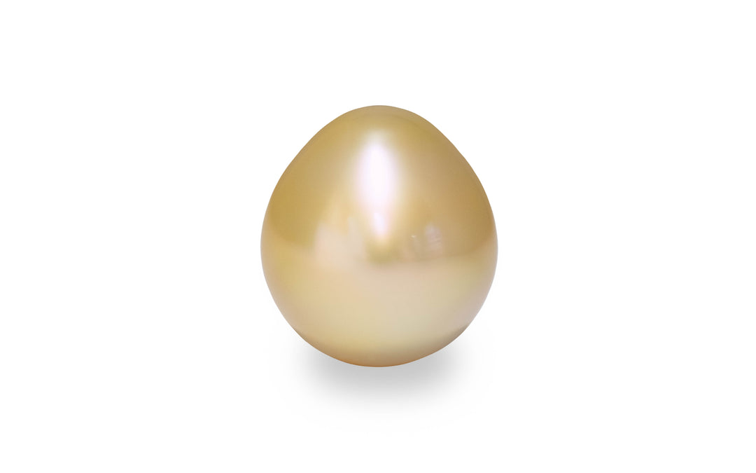 An oval shape pink gold South sea pearl is displayed on a white background.