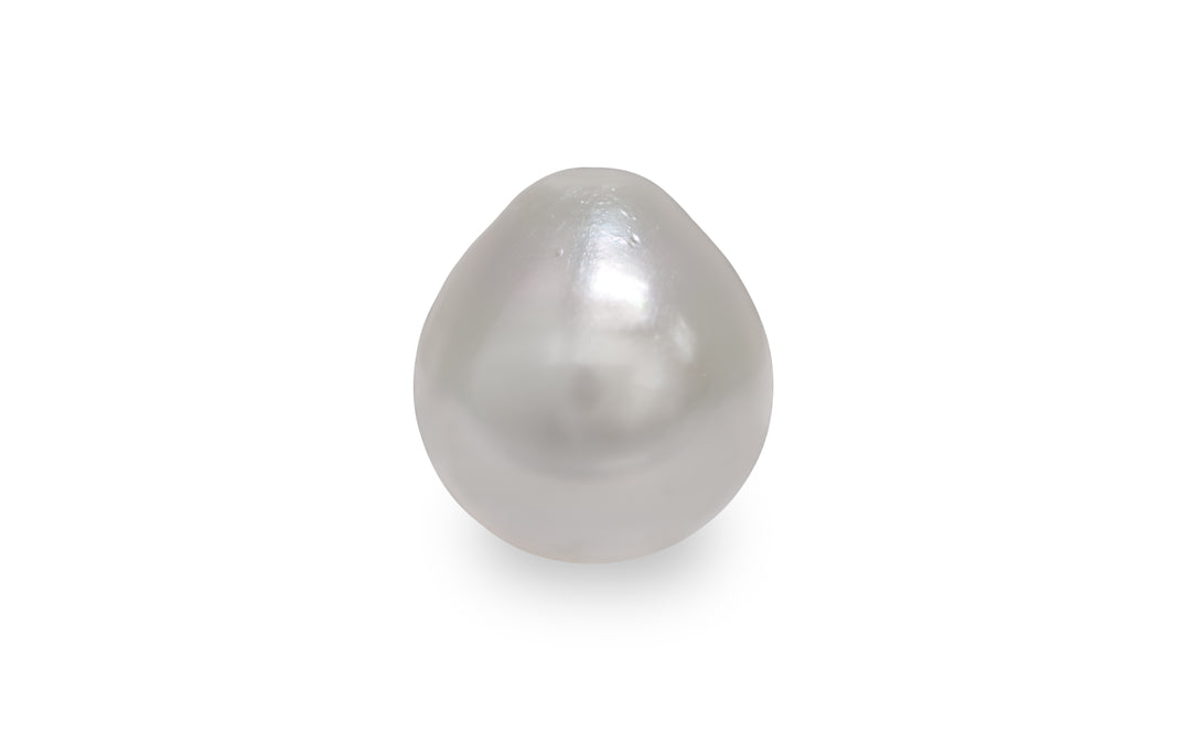 A semi baroque shape white South Sea pearl is displayed on a white background.
