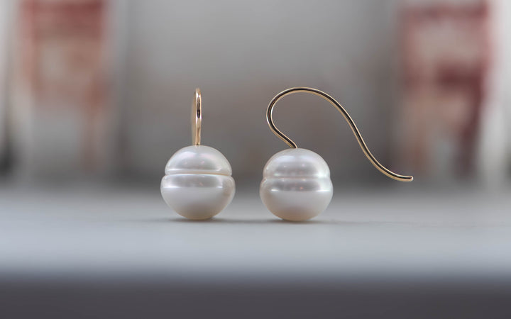 White South Sea Pearl Shepherd Hook Earrings - 18K Yellow Gold