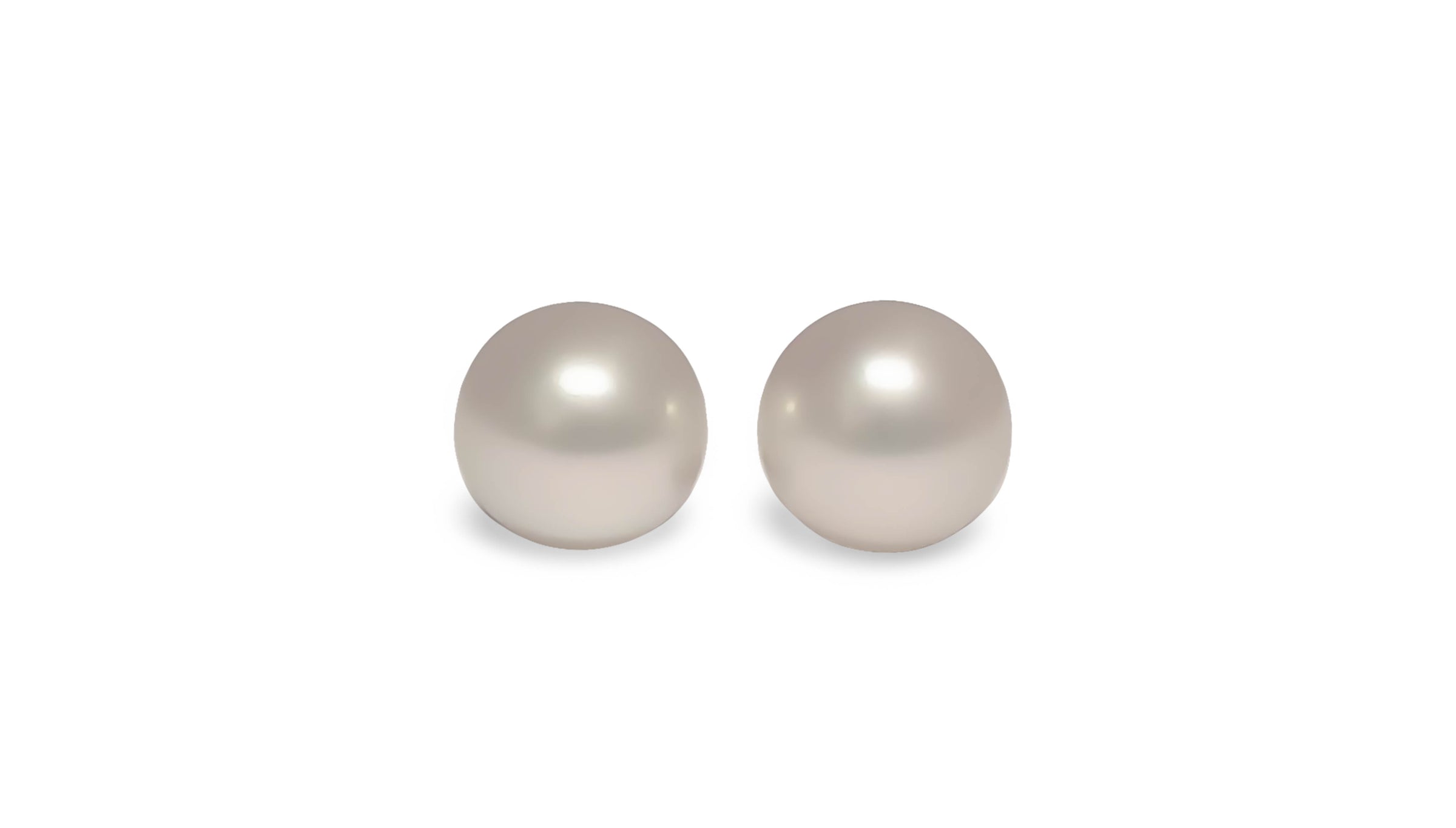 A pair of round white south sea pearls are displayed on a white background.