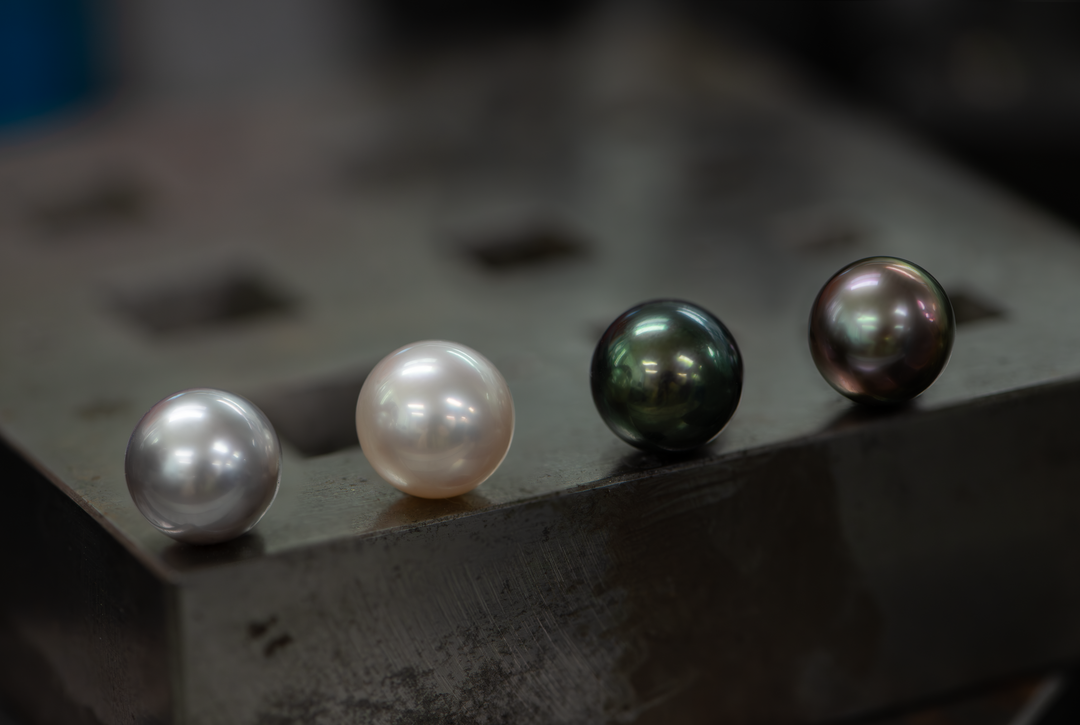 A high button shape aubergine/green Tahitian pearl is displayed on a white background.