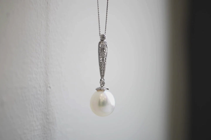 White South Sea Pearl & Diamond Art Deco Pendant - 18K White Gold