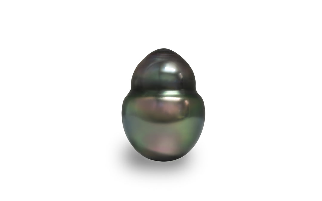 A baroque shape aubergine green Tahitian pearl is displayed on a white background.