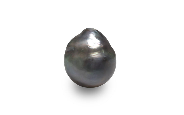 A baroque shape aubergine green Tahitian pearl is displayed on a white background