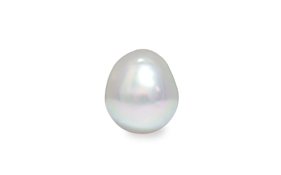 A baroque shape blue silver pink South Sea pearl is displayed on a white background.