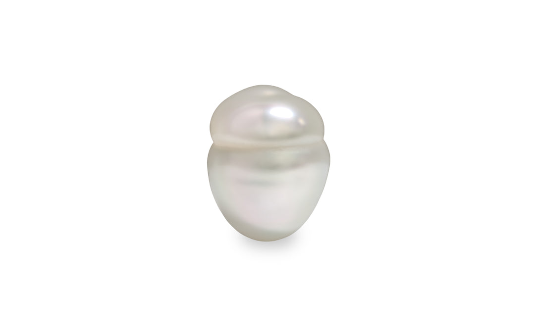 A baroque shape blue silver pink South Sea pearl is displayed on a white background.