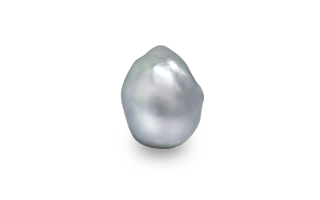 A baroque shape blue white South Sea pearl is displayed on a white background.