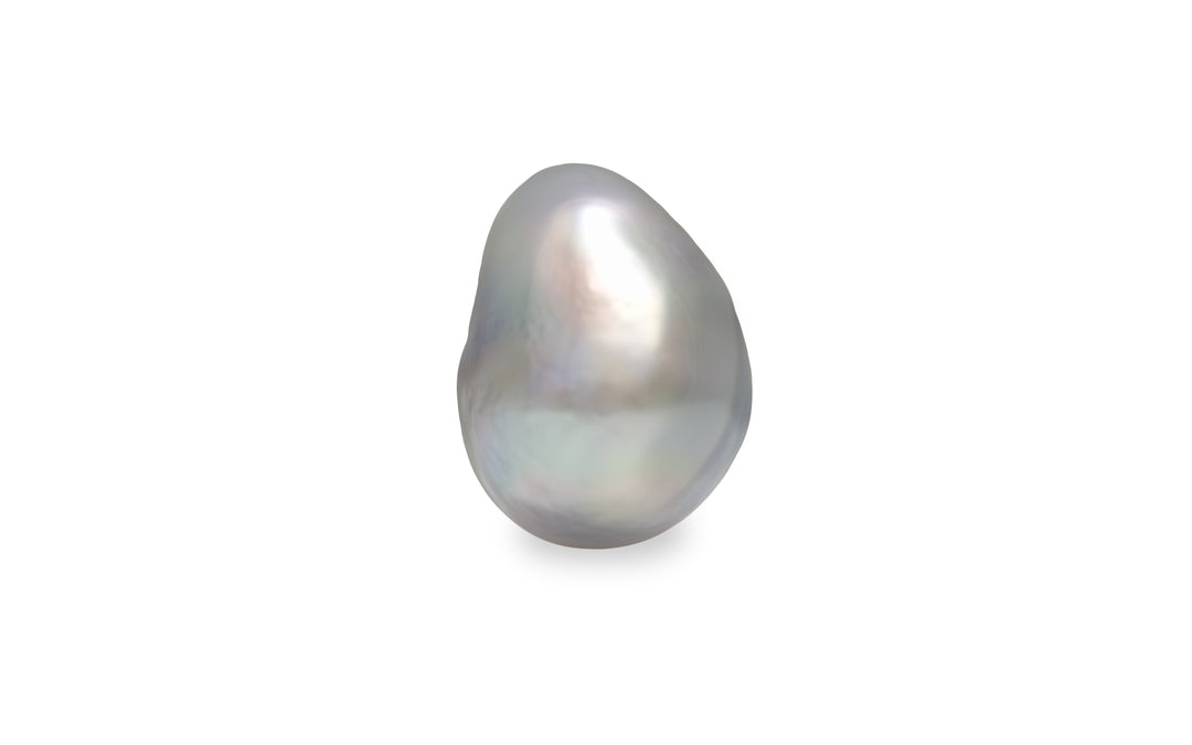 A baroque shape blue silver pink South Sea pearl is displayed on a white background.