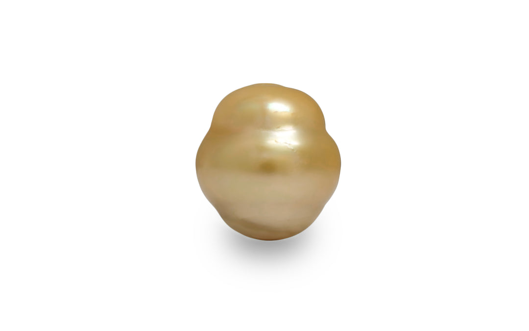 A baroque shape gold South sea pearl is displayed on a white background.