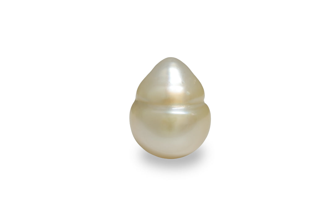 A baroque shape gold South sea pearl is displayed on a white background.