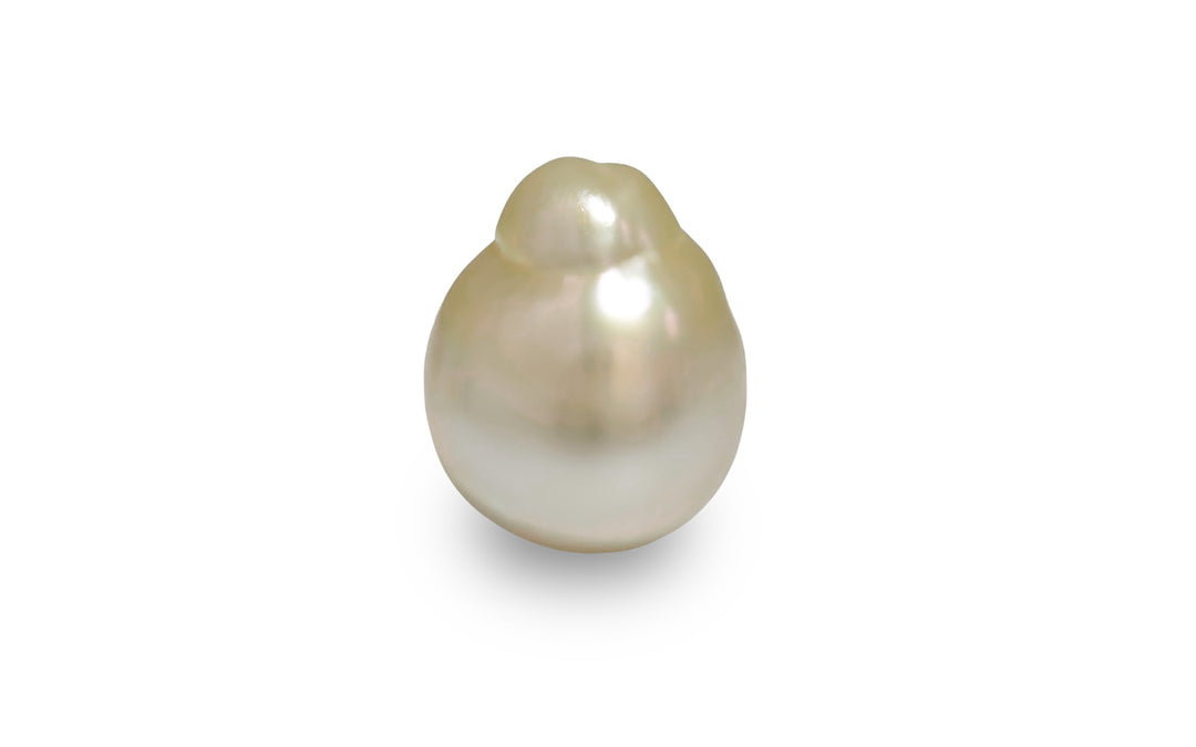 A baroque shape gold white Golden South Sea pearl is displayed on a white background.