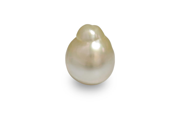 A baroque shape gold white Golden South Sea pearl is displayed on a white background.