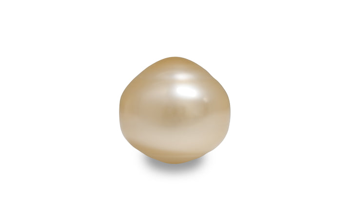 A baroque shape light gold golden South Sea pearl is displayed on a white background.
