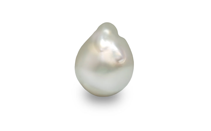 A baroque shape white blue South Sea pearl is displayed on a white background.