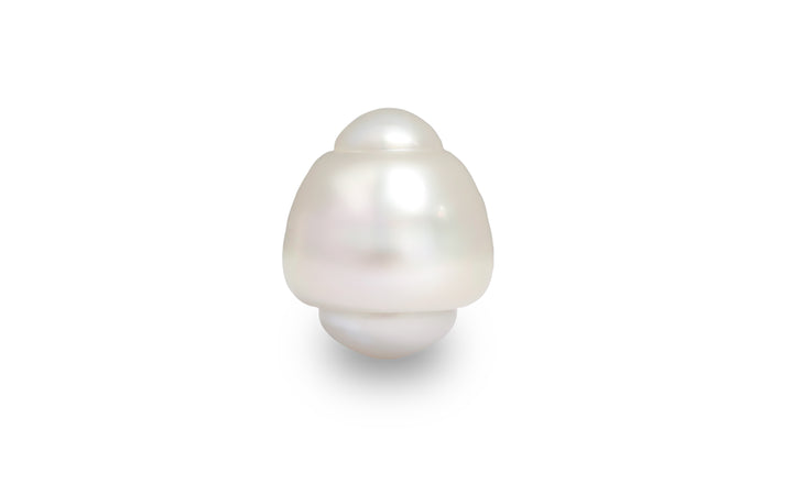 A baroque shape white South Sea pearl is displayed on a white background.