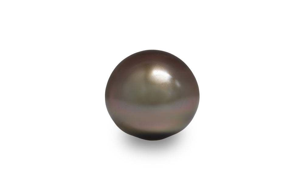A button shape copper bronze Tahitian pearl is displayed on a white background.