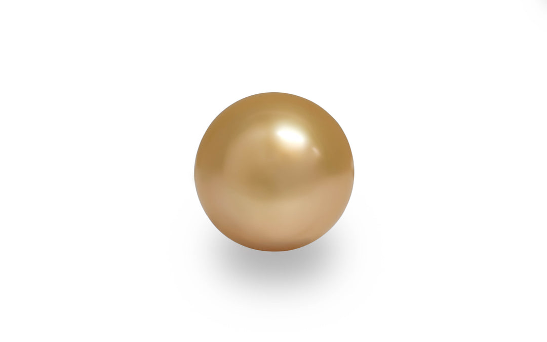 A button shape gold South sea pearl is displayed on a white background.
