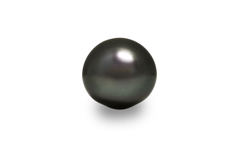 A button shape green Tahitian pearl is displayed on a white background.