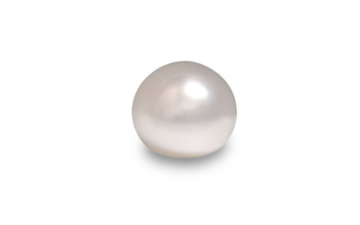 A button shape pink white South Sea pearl is displayed on a white background.