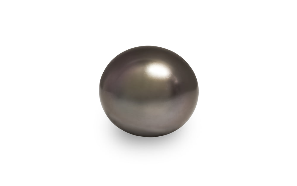 A button shape silver green Tahitian pearl is displayed on a white background.