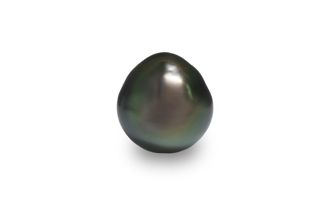 A drop shape green Tahitian pearl is displayed on a white background.