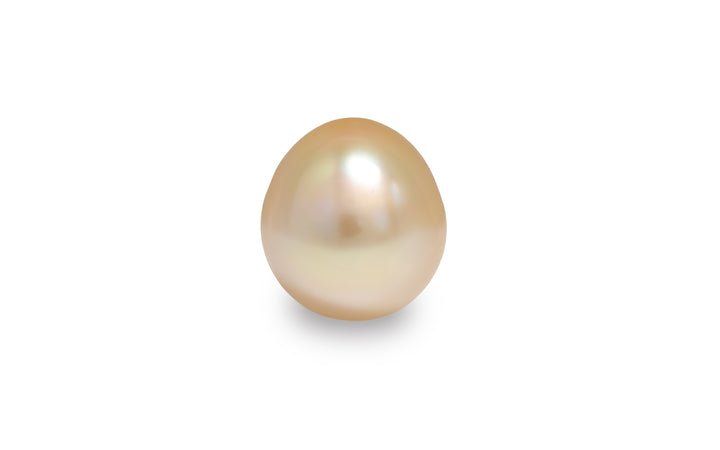 A drop shape pink and gold golden South Sea pearl is displayed on a white background.