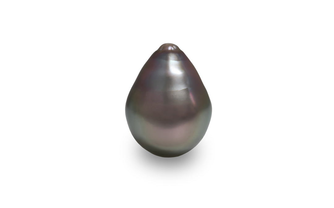 A drop shape pink green Tahitian pearl is displayed on a white background.
