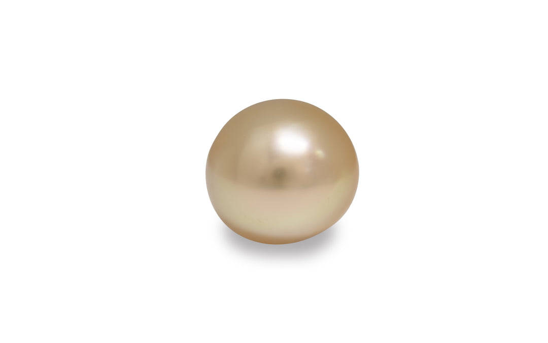 A high button golden South Sea pearl  is displayed on a white background. 