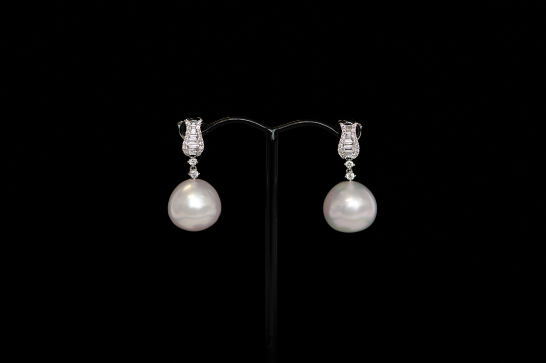 White South Sea Pearl & Diamond Drop Earrings - 18K White Gold