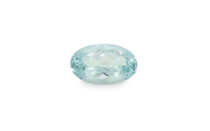 An oval cut aquamarine is displayed on a white background.