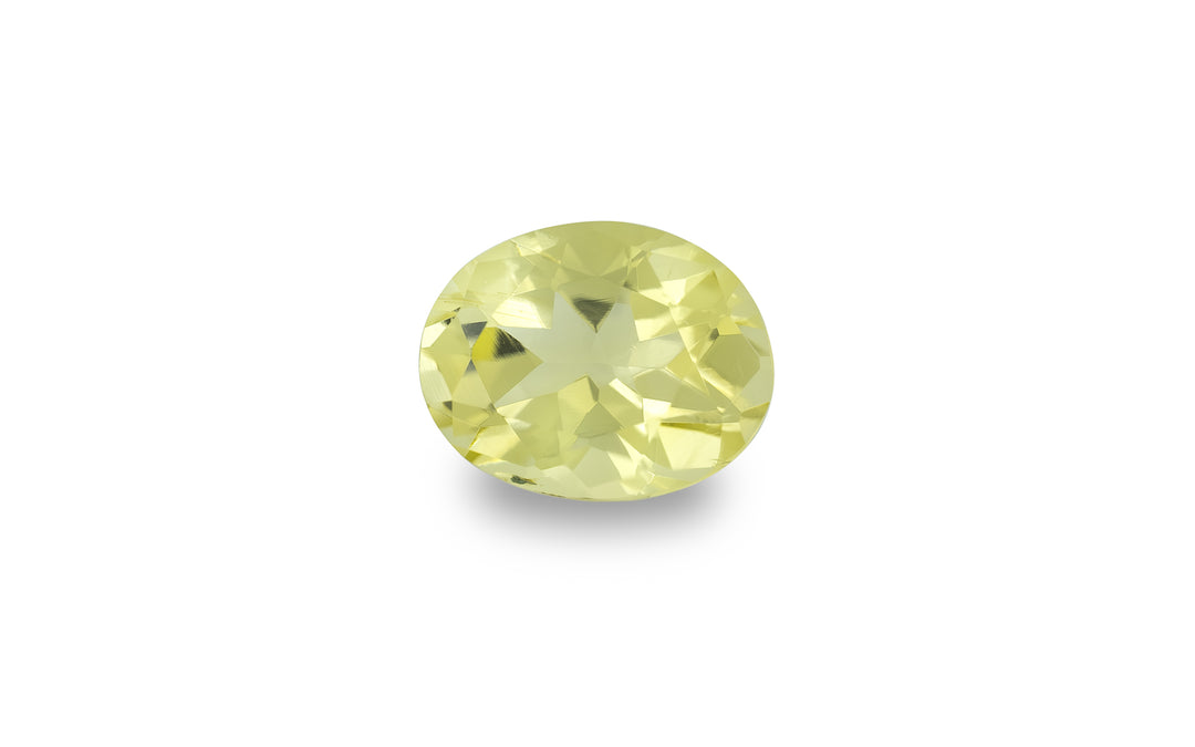 An oval cut green tourmaline gemstone is displayed on a white background.