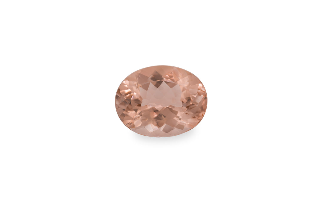 An oval cut peach morganite gemstone is displayed on a white background. 