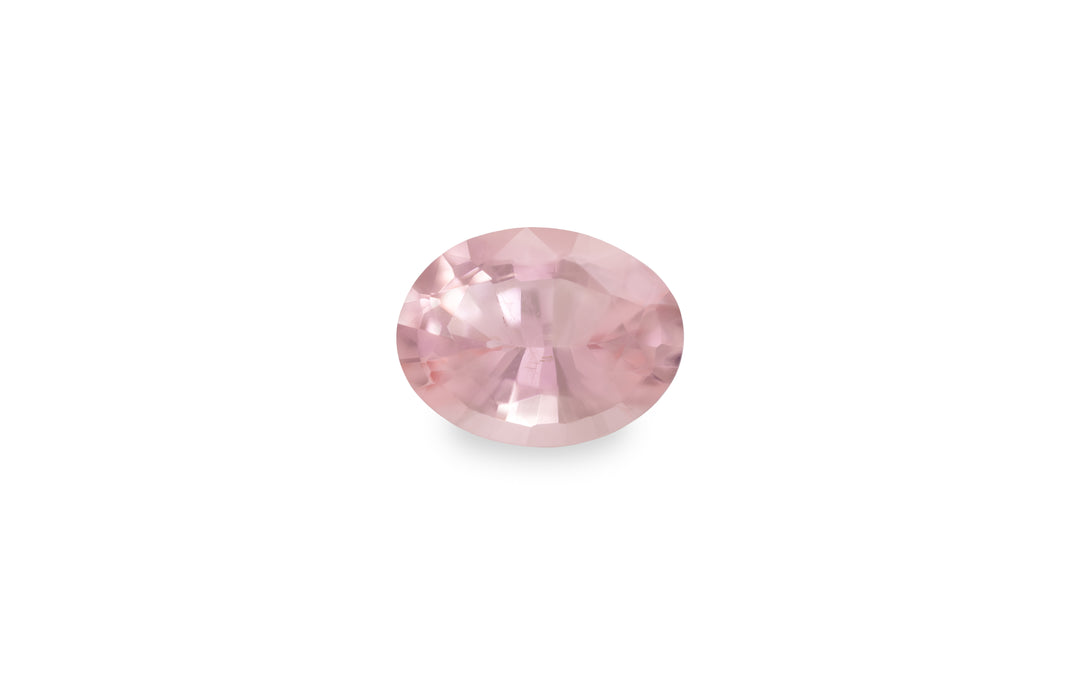 An oval cut pink morganite gemstone is displayed on a white background.