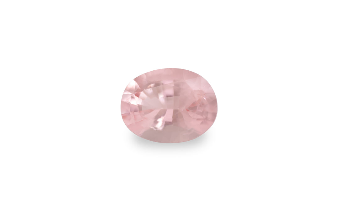 An oval cut pink morganite gemstone is displayed on a white background.