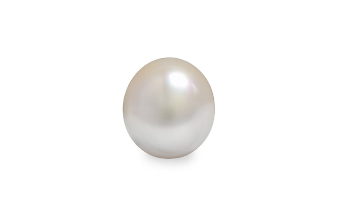 An oval shape soft pink South Sea pearl is displayed on a white background.