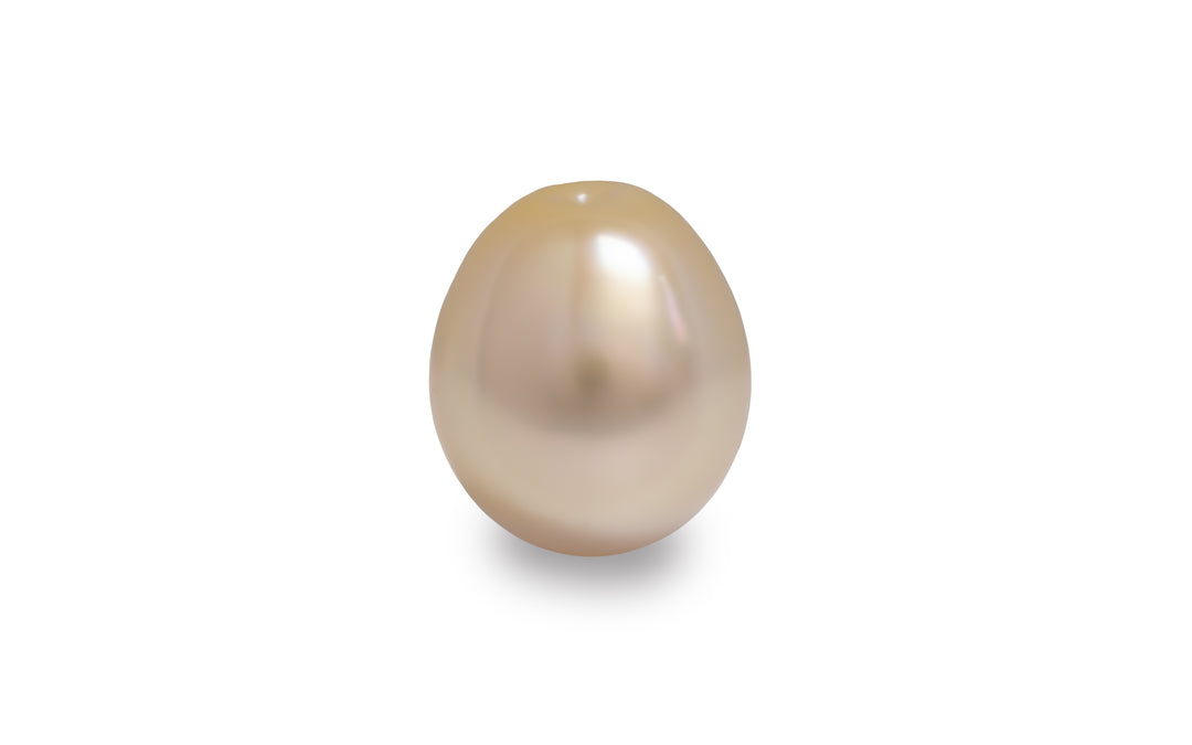 An oval gold white golden South Sea pearl is displayed on a white background.