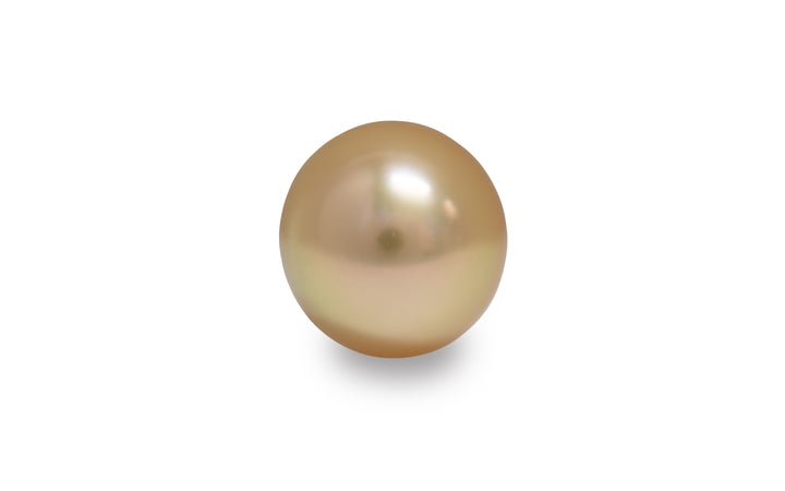 An oval shaped golden South Sea pearl is displayed on a white background.