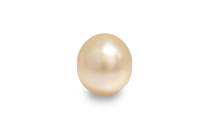 An oval pink gold golden South Sea pearl is displayed on a white background. 
