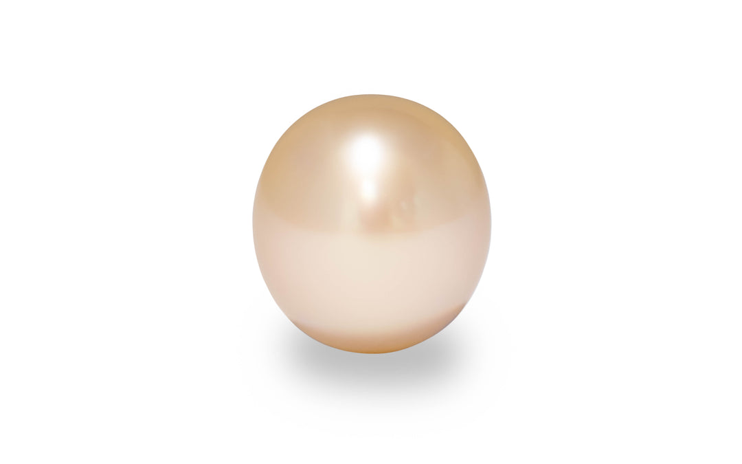An oval shape pink gold South sea pearl is displayed on a white background.