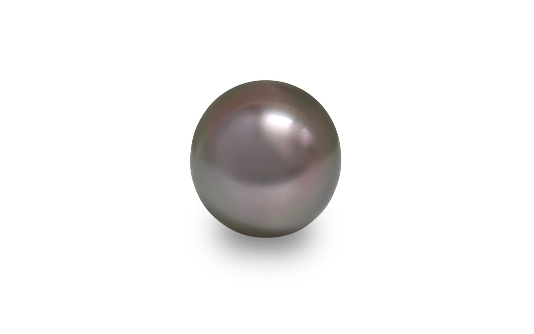 A oval shape pink green Tahitian pearl is displayed on a white background.