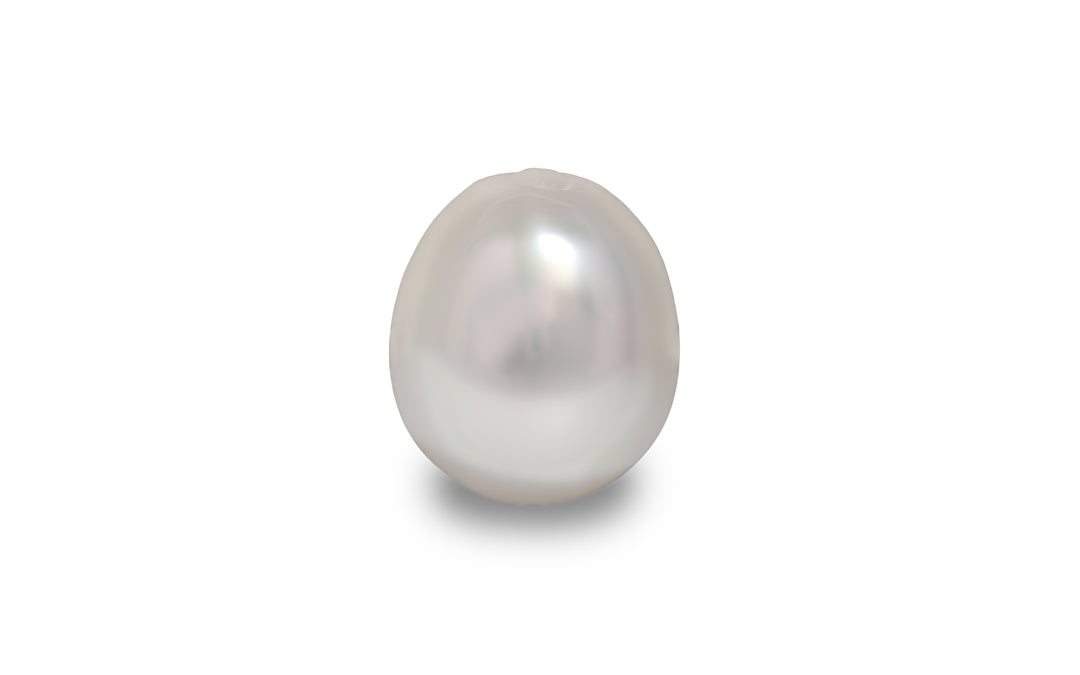 An oval shape pink white South Sea pearl is displayed on a white background.