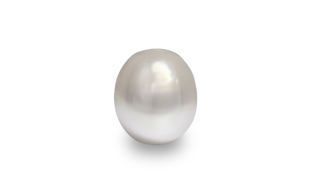 An oval shape pink white South Sea pearl is displayed on a white background.