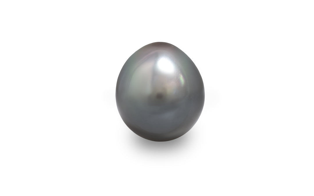 An oval shape silver Tahitian pearl is displayed on a white background.