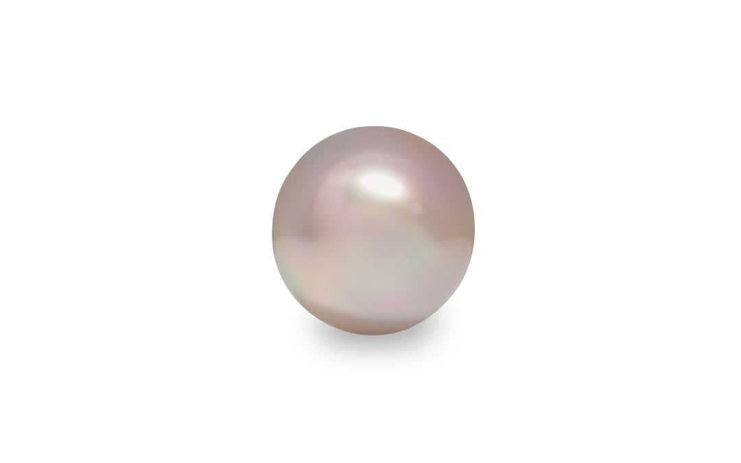 An oval shape warm pink South Sea pearl is displayed on a white background.