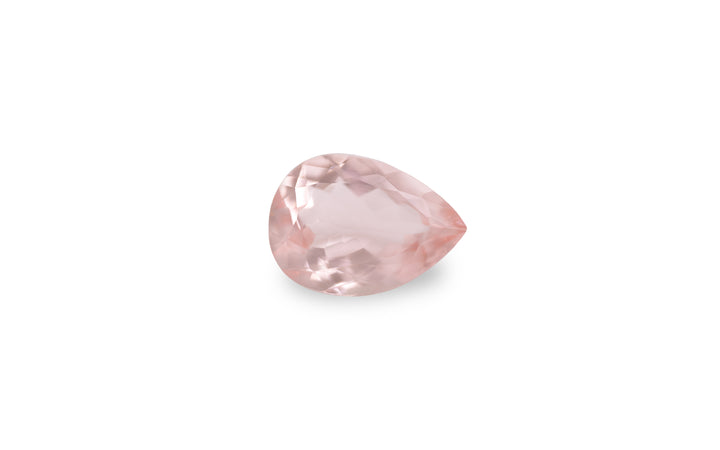 A pear cut pink morganite gemstone is displayed on a white background.