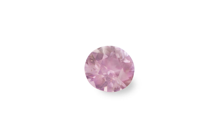 A round brilliant cut pink Burmese sapphire gemstone is displayed on a white background.