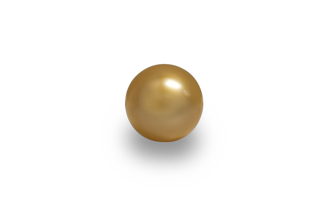 A round shape deep golden South sea pearl is displayed on a white background.