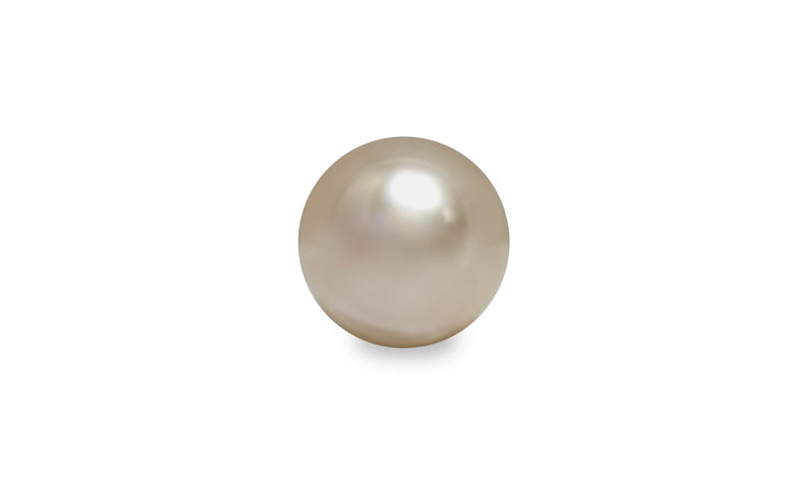 A round shape fancy pink gold South Sea pearl is displayed on a white background.